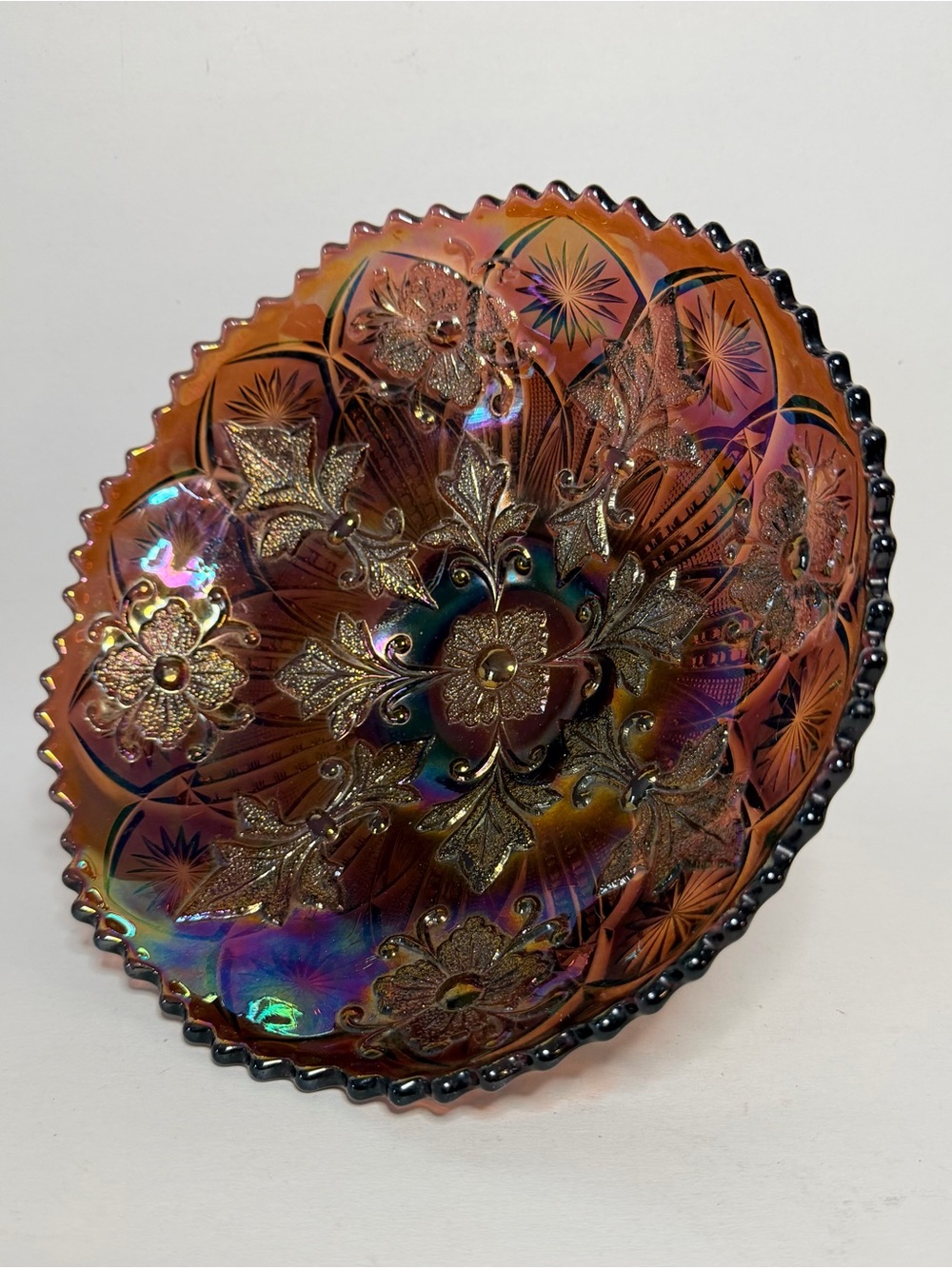 Antique c.1909 Millersburg Fleur de Lis Amethyst Carnival Glass Pedestal Bowl
